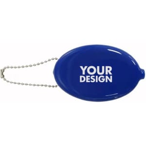 A blue PVC squeeze oval coin purse with a chain attachment and a space for custom design.