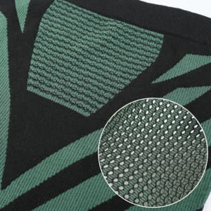 A green and black personalized windproof neck gaiter with a textured mesh pattern and a close-up view of the fabric's weave.