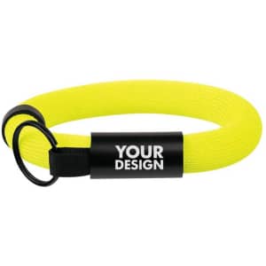 A vibrant yellow wristband key holder featuring a black loop and a branding area. Ideal for events and exhibits.