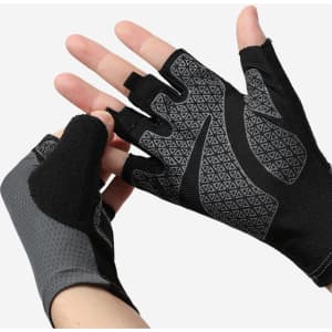 Fingerless outdoor cycling gloves in black and grey, featuring a textured design and partial finger coverage.