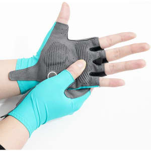 Half finger cycling gloves in turquoise and grey, featuring textured grip and a logo.