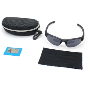 A black sunglasses set with a protective case, lens cleaning cloth, and a card, featuring dark lenses.