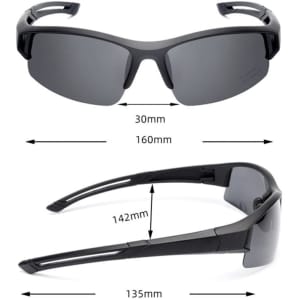 A pair of black outdoor riding sunglasses with a sleek design, featuring tinted lenses and a branding logo.