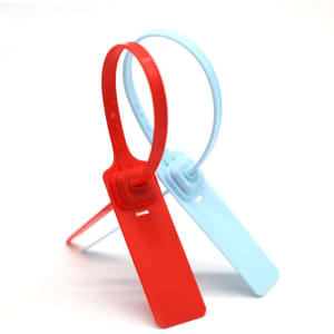 A red and a blue anti-tamper seal security tag arranged in a supportive position, featuring a simple design.