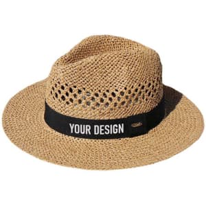 A custom straw hat in natural tones with a black band for personalised designs. Features a logo on the band.