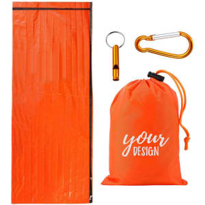 An orange waterproof thermal survival bivy bag, accompanied by a carabiner and a matching drawstring pouch.