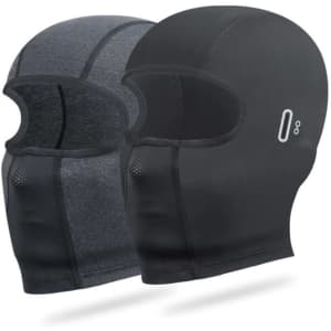 A custom balaclava ski mask in black and grey, featuring a logo, designed for warmth and coverage.