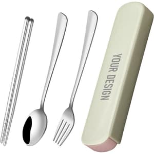 A portable stainless steel cutlery set featuring a spoon, fork, chopsticks, and a soft case. Available in multiple colours.