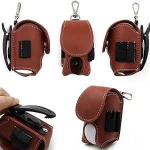 A brown PU leather golf holder pouch features a clip and various fastening options. Includes a logo.