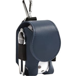 A navy blue PU leather golf holder pouch with a clip and space for golf balls and tees. It features a logo.