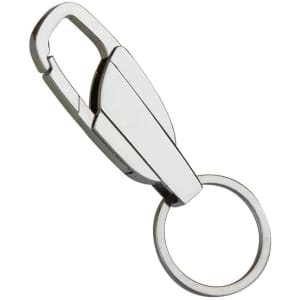 A shiny silver zinc alloy car keychain with a clip and a keyring attachment.