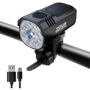 A black custom bicycle light features multiple white LEDs and includes a USB-C charging cable.
