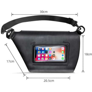 A black waterproof dry crossbody bag with a transparent front pocket and an adjustable strap. Measures 30cm x 20.5cm x 17cm.