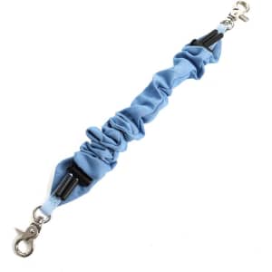 A blue scrunchie-style phone wrist lanyard with a clasp for attachment. It features a gathered fabric design.