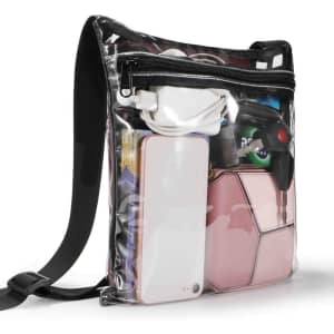 A holographic clear crossbody bag displaying various items, including a phone, charger, and other accessories, with a black strap.