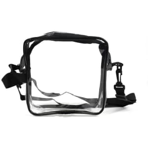 A clear PVC crossbody bag with a black strap and zip closure, featuring a sturdy design and transparent body.