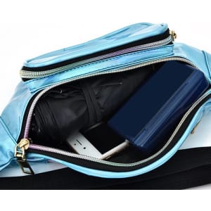 A personalised holographic fanny pack in blue, featuring a zippered compartment with a drink bottle, phone, and other items.