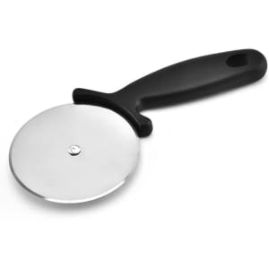 A stainless steel pizza cutter wheel with a black handle, featuring a circular cutting blade.