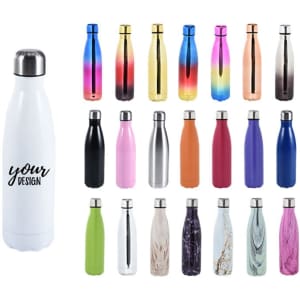 A drink bottle featuring various colours and designs, including a white bottle with a logo and a stainless steel cap.