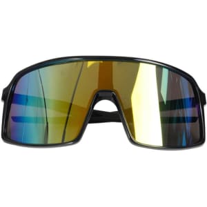 A pair of black Polarized Shield sunglasses with large, reflective, multi-coloured lenses and a sleek design.