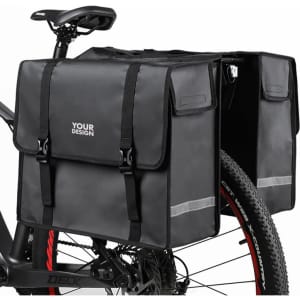 A black double pannier bag attached to a bicycle, featuring two compartments and a logo on the front.
