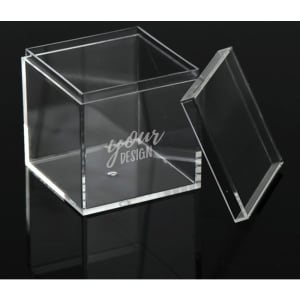 A transparent acrylic square box with a removable lid, displayed against a dark background.
