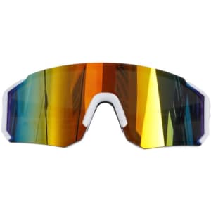 Polarized cycling sunglasses with a wide, mirrored lens featuring a gradient of blue, orange, and yellow hues. They have a white frame and a logo.