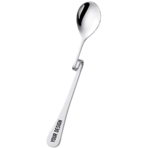 A stainless steel hanging latte spoon with a polished bowl and a curved handle. Features a logo on the handle.