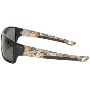 Polarised sunglasses featuring a black frame with a camouflage pattern on the arms. Suitable for outdoor use.