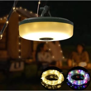 A portable camping string light in white and multicoloured options, hanging above a campsite scene.