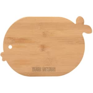 A bamboo cutting board in a unique shape with a small design element and space for customisation.
