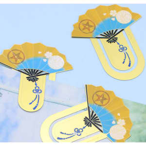 A set of three metal bookmarks designed like decorative fans, featuring blue and yellow colours with floral patterns.