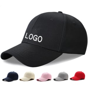A black baseball hat with a white logo, surrounded by options in navy, beige, pink, grey, and red.