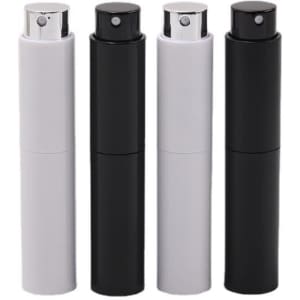 A set of four portable twist spray perfume bottles in white, black, and metallic finishes, featuring a logo.