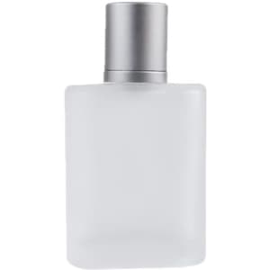 A thick glass travel perfume spray bottle with a frosted finish and a silver spray nozzle.