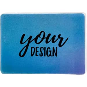 A customised 3D flip lenticular card featuring a gradient blue background with the text "your design" in bold black.