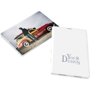 A white credit card-sized speaker with a customisable front panel and a logo on the back, featuring a vintage car design.