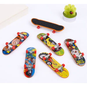 A set of six colourful mini finger skateboards with varied designs, featuring red wheels and a black grip tape.