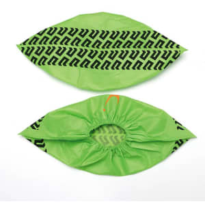 A pair of bright green non-slip reusable shoe covers with a textured black pattern and elastic openings.