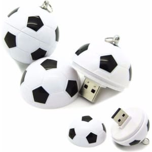 A football-shaped USB flash drive in white with black patches, featuring a keyring attachment.