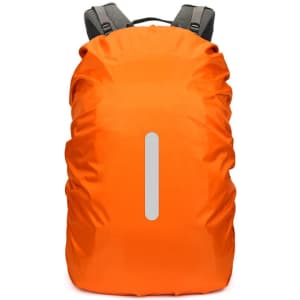 An orange backpack rain cover with a reflective strip, designed to fit over a standard backpack.