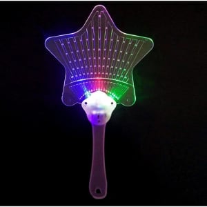 A star-shaped hand fan with LED lights, featuring a translucent plastic design in multiple colours.