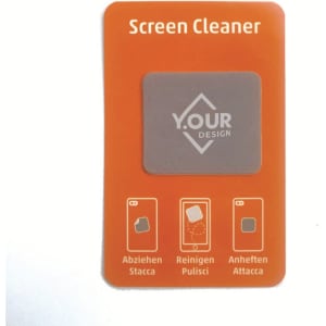 An orange card with a grey cleaning cloth for screens, featuring a logo and instructions for use.