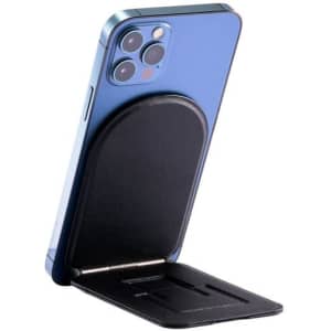 A blue phone with a black magnetic leather holder stand attached, designed for support and stability.