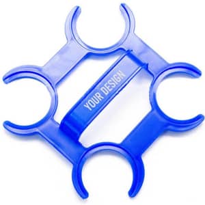 A drink bottle holder in blue, designed to hold four bottles securely. It features a space for custom design.