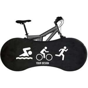 Compact waterproof bicycle wheel covers in black, featuring icons for swimming, cycling, and running, with space for custom design.