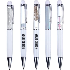 A set of five white pens with clear, movable liquid-filled sections and shiny silver accents, each featuring a branding logo.