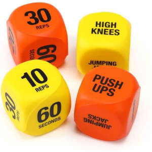 Large stress relief PU dice in bright yellow and orange, featuring exercise prompts like "High Knees" and "Push Ups."