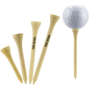 A set of biodegradable bamboo golf tees in natural colour, accompanied by a golf ball, with branding areas visible.