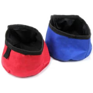 A red and a blue Oxford cloth dog treat pouch, featuring a black lining and a small handle.